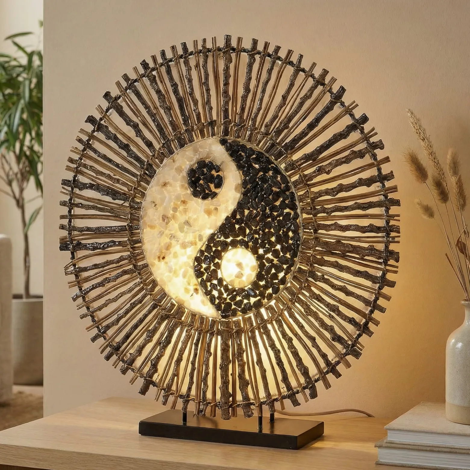 Pöytälamppu Ying Yang Batur, pyöreä, 40 cm, ruskea