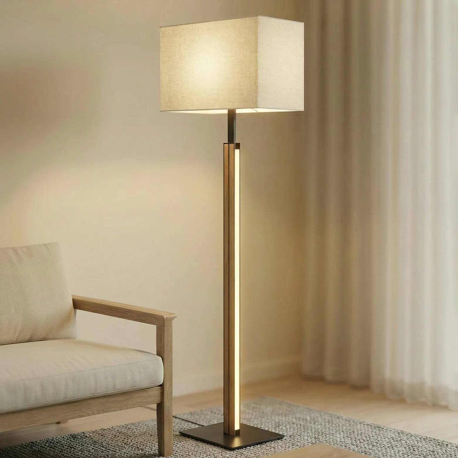 Quitani LED-lattiavalo Lisene, tammi/musta/luonnonväri, 162 cm, himmennettävä