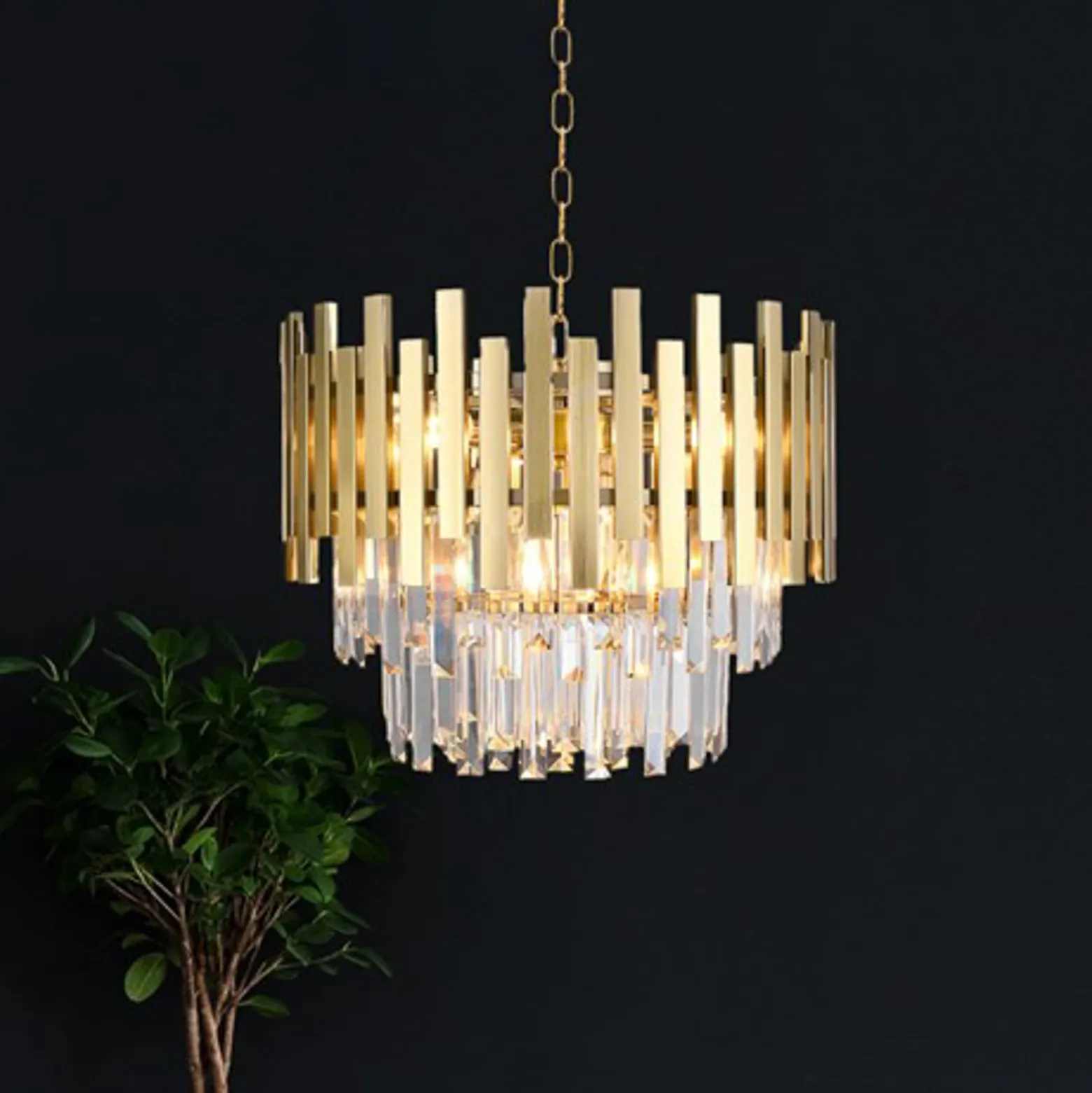 Riippuvalaisin Aspen metallia kullanväriset lasikristallit, korkeus 30 cm