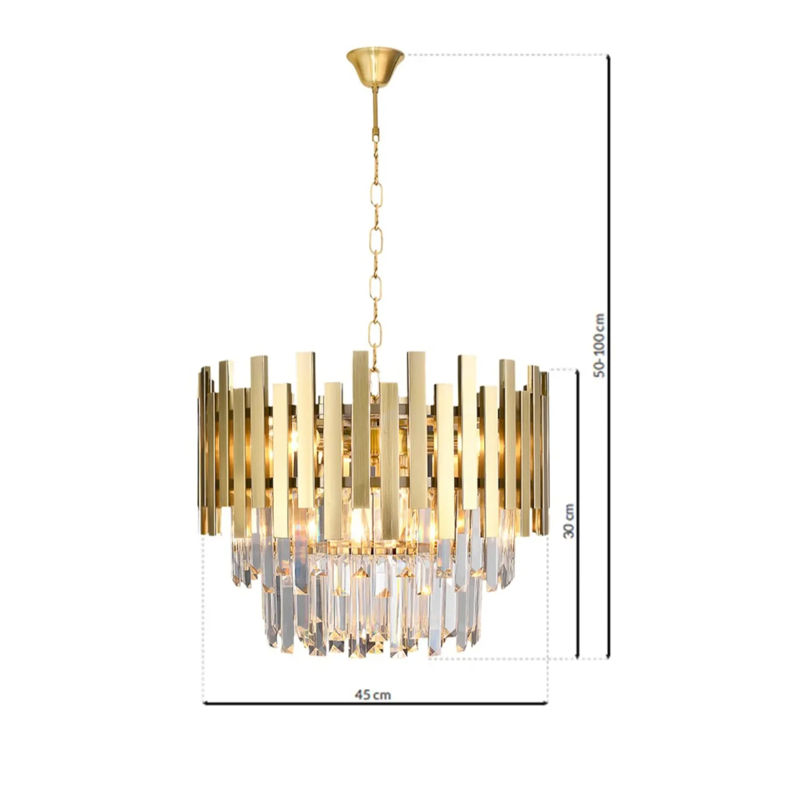 Riippuvalaisin Aspen metallia kullanväriset lasikristallit, korkeus 30 cm