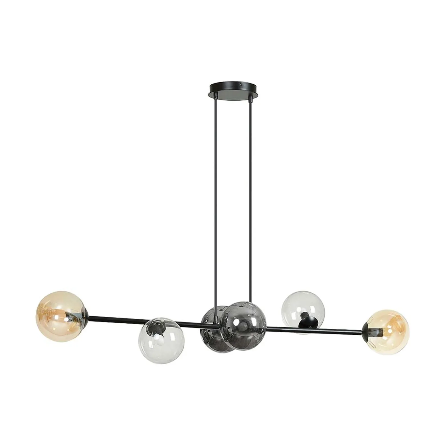 Riippuvalaisin Glassy, 6-lamppuinen, grafiitti/amber/kirkas, lasi, 110 cm