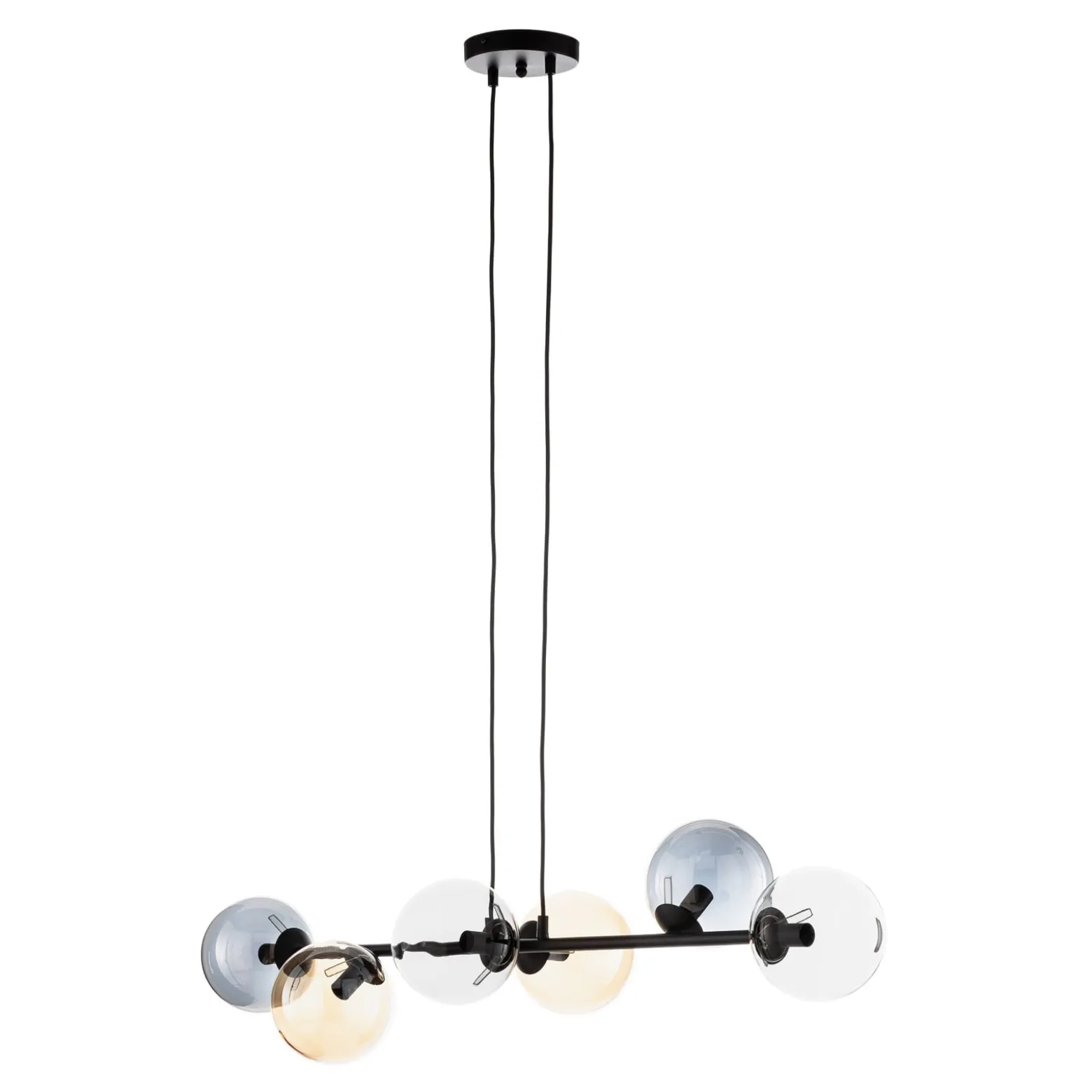 Riippuvalaisin Glassy, 6-lamppuinen, grafiitti/amber/kirkas, lasi, 110 cm