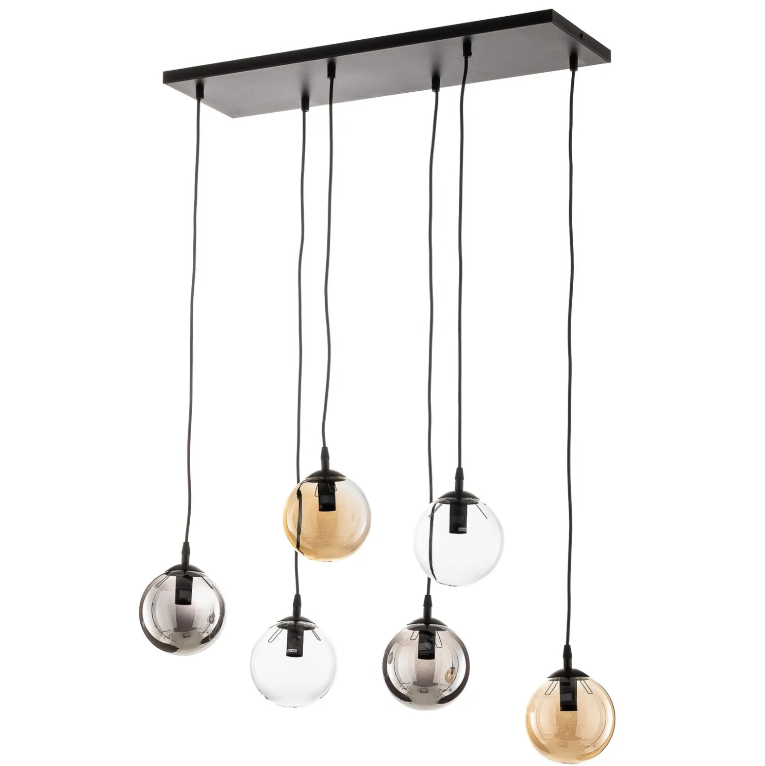 Riippuvalaisin Glassy, 6-lamppuinen, grafiitti/keltainen/kirkas, lasi, 75 cm