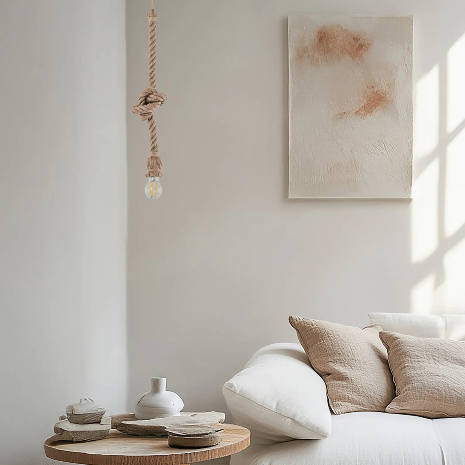 Riippuvalo AYD, beige, köysi, korkeus 70 cm, E27, käsintehty
