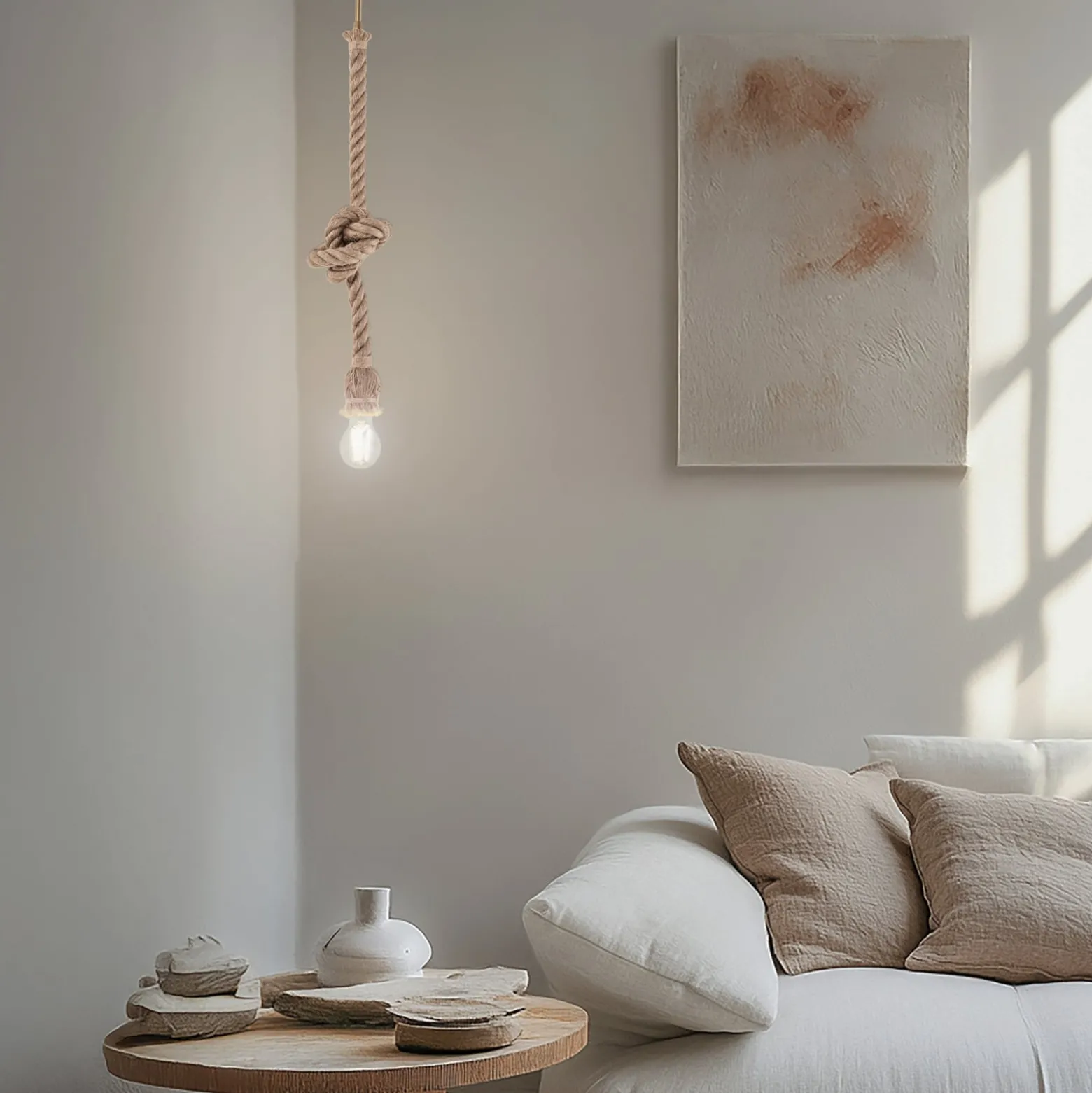 Riippuvalo AYD, beige, köysi, korkeus 70 cm, E27, käsintehty