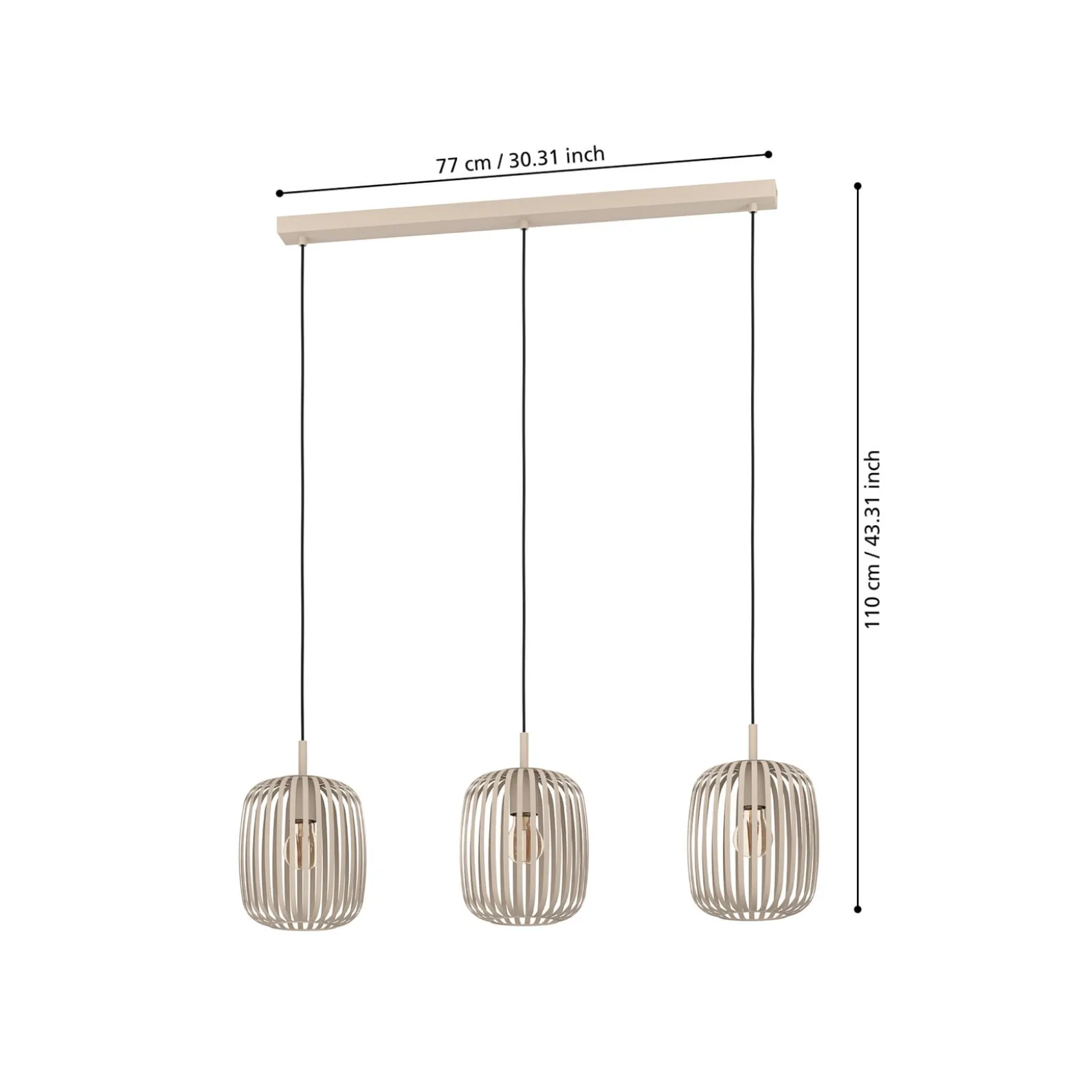 Romazzina-riippuvalaisin, beige, pituus 90 cm, 3-lamppuinen, metalli