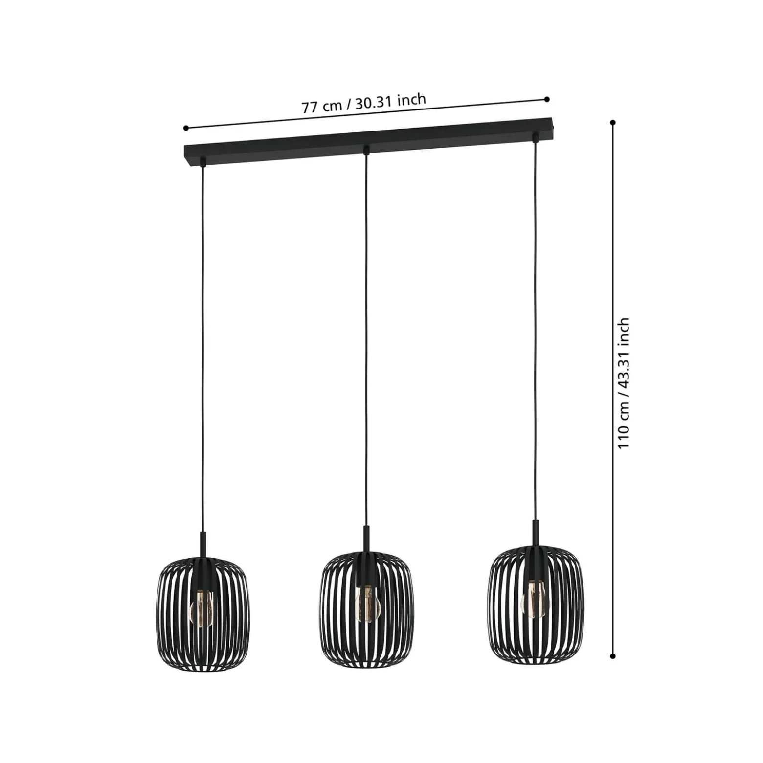 Romazzina-riippuvalaisin, musta, pituus 90 cm, 3-lamppuinen, metalli