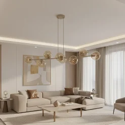 Rossi-riippuvalaisin, beige, pituus 130 cm, 8-lamppuinen, lasi/metalli