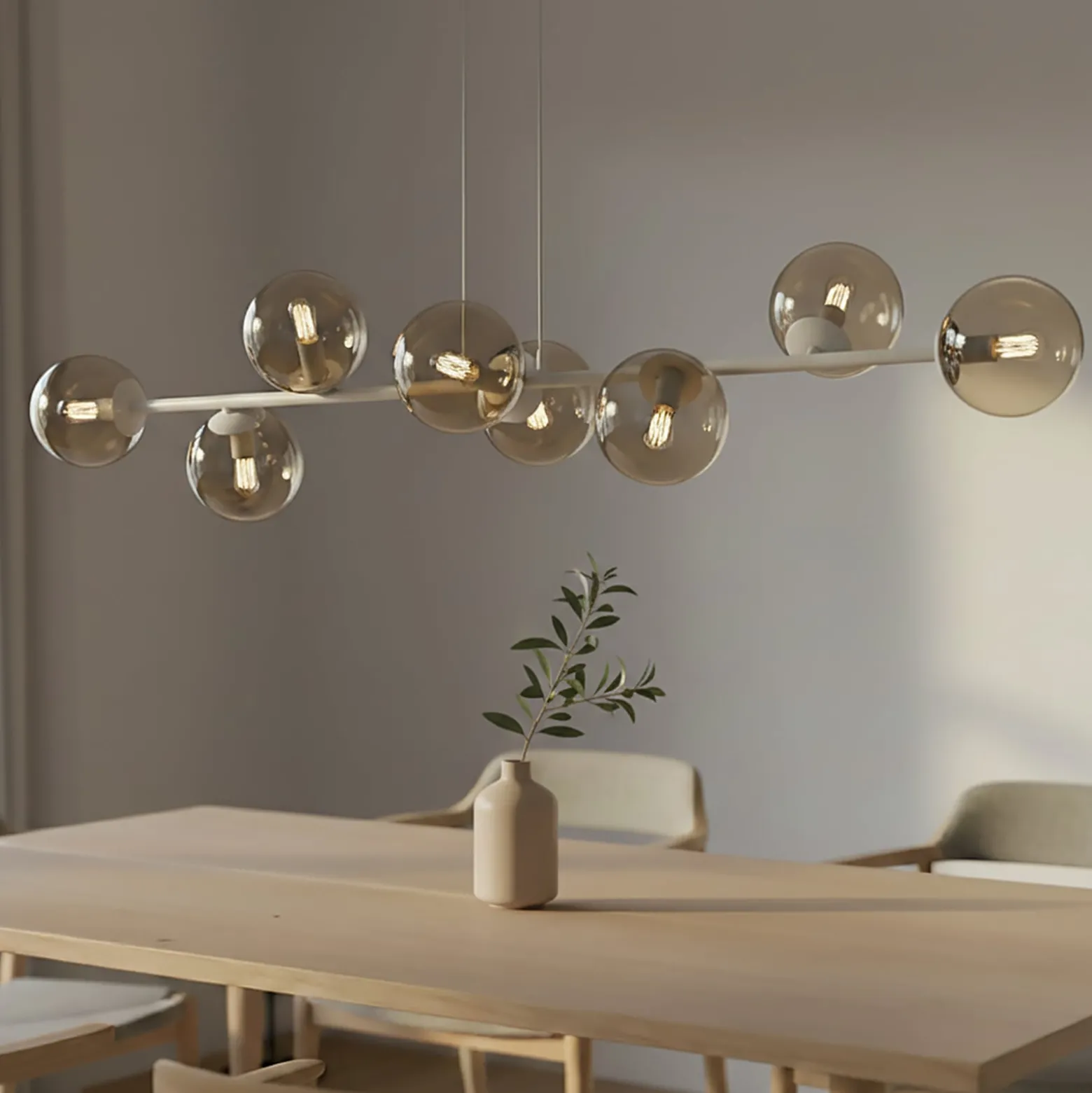 Rossi-riippuvalaisin, beige, pituus 130 cm, 8-lamppuinen, lasi/metalli