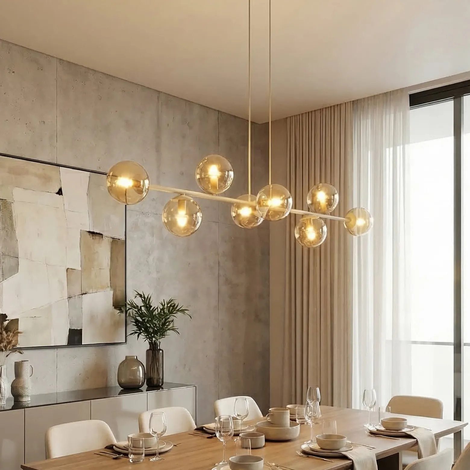 Rossi-riippuvalaisin, beige, pituus 130 cm, 8-lamppuinen, lasi/metalli