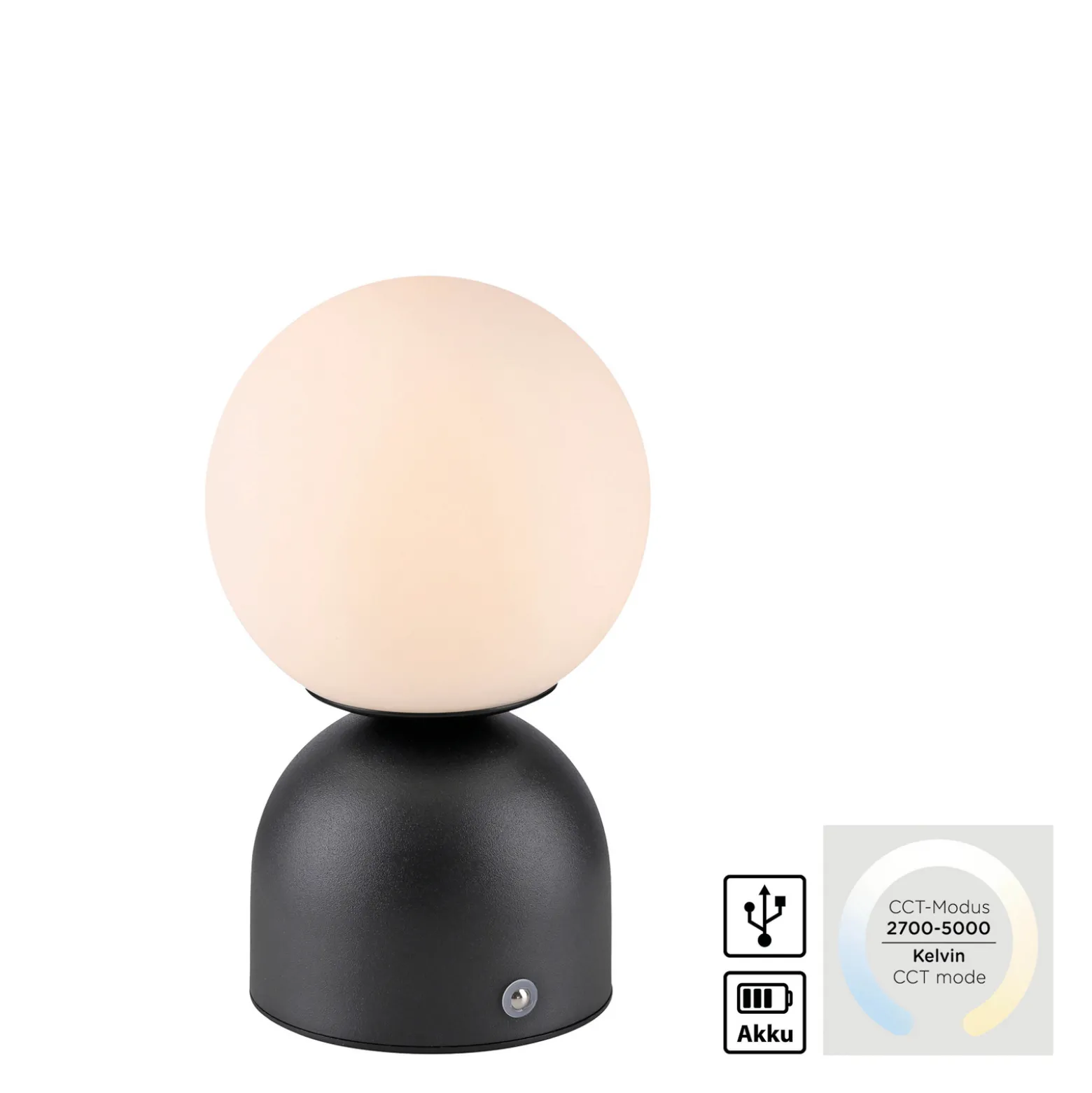 RUDI-LED-akkukäyttöinen pöytälamppu, musta, korkeus 20 cm, CCT, kosketusohjaus
