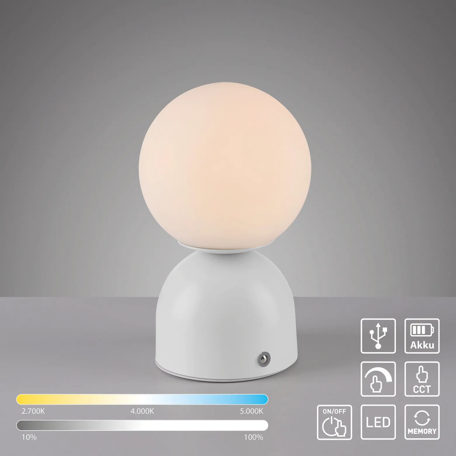 RUDI-LED-akkukäyttöinen pöytävalaisin, valkoinen, korkeus 20 cm, CCT,