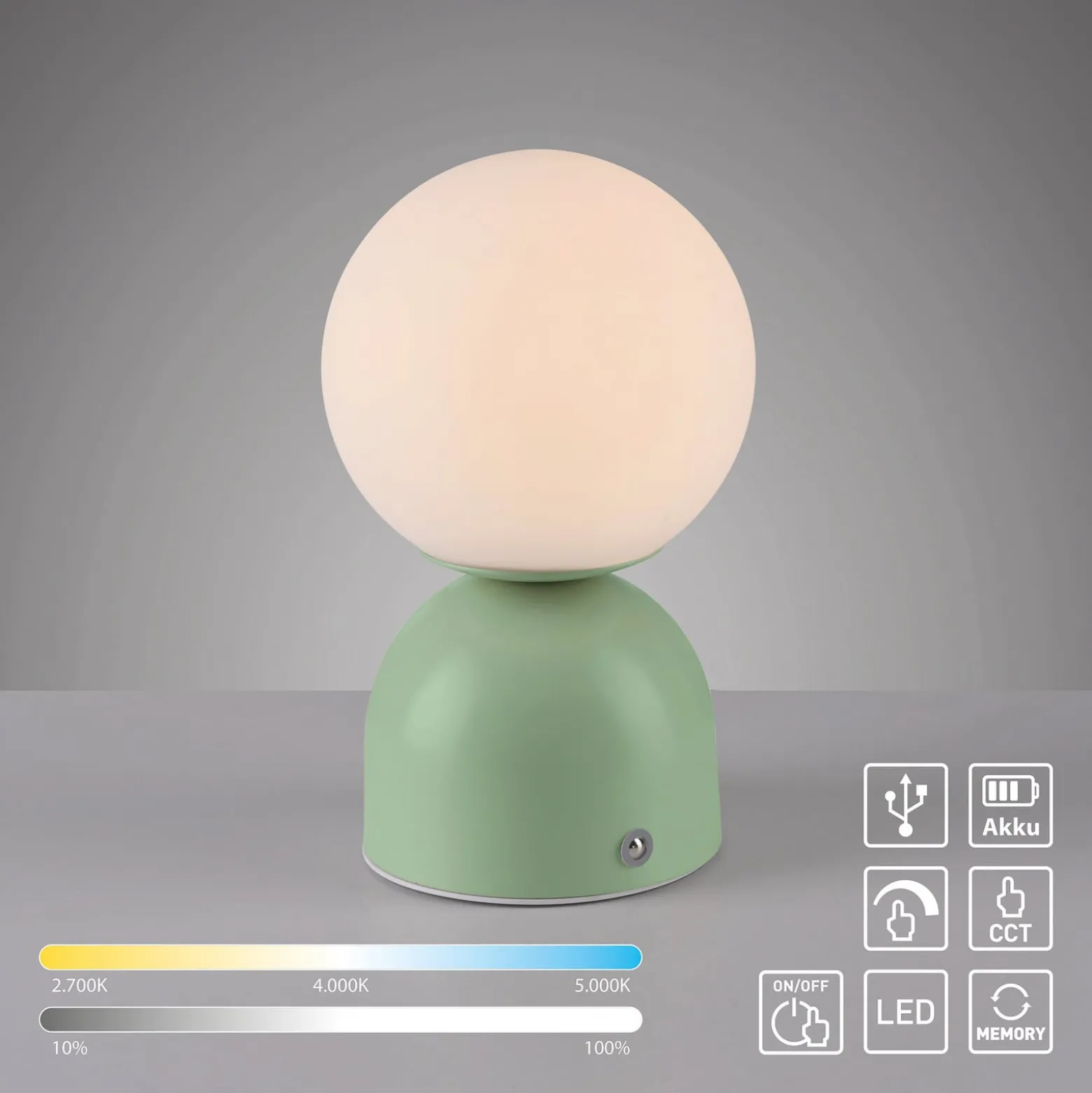 RUDI-LED-akkukäyttöinen pöytävalaisin, vihreä, korkeus 20 cm, CCT,