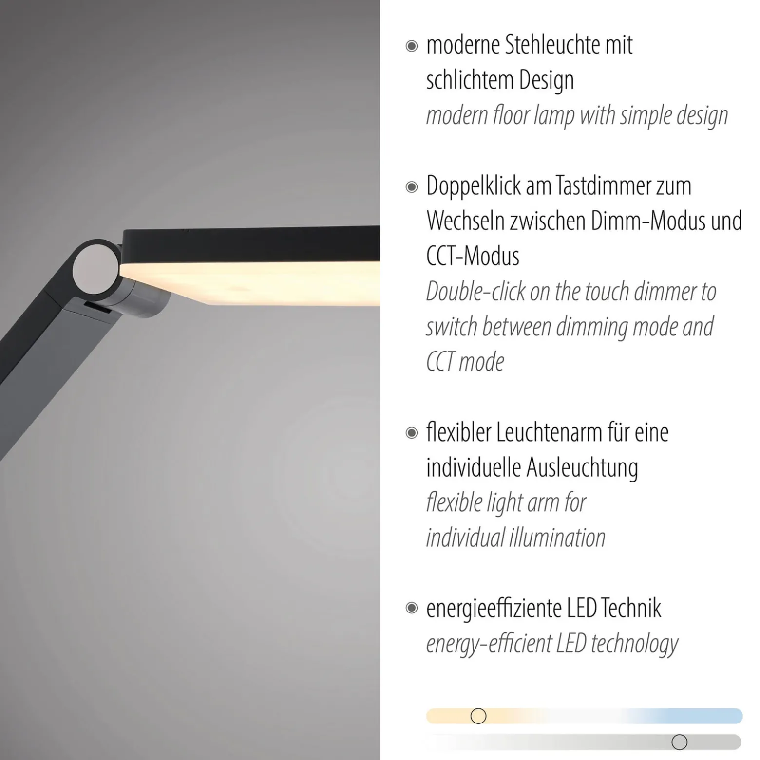 SAMSKY-LED-lattiavalo, harmaa, korkeus 161 cm, metallia, kosketushimmennin