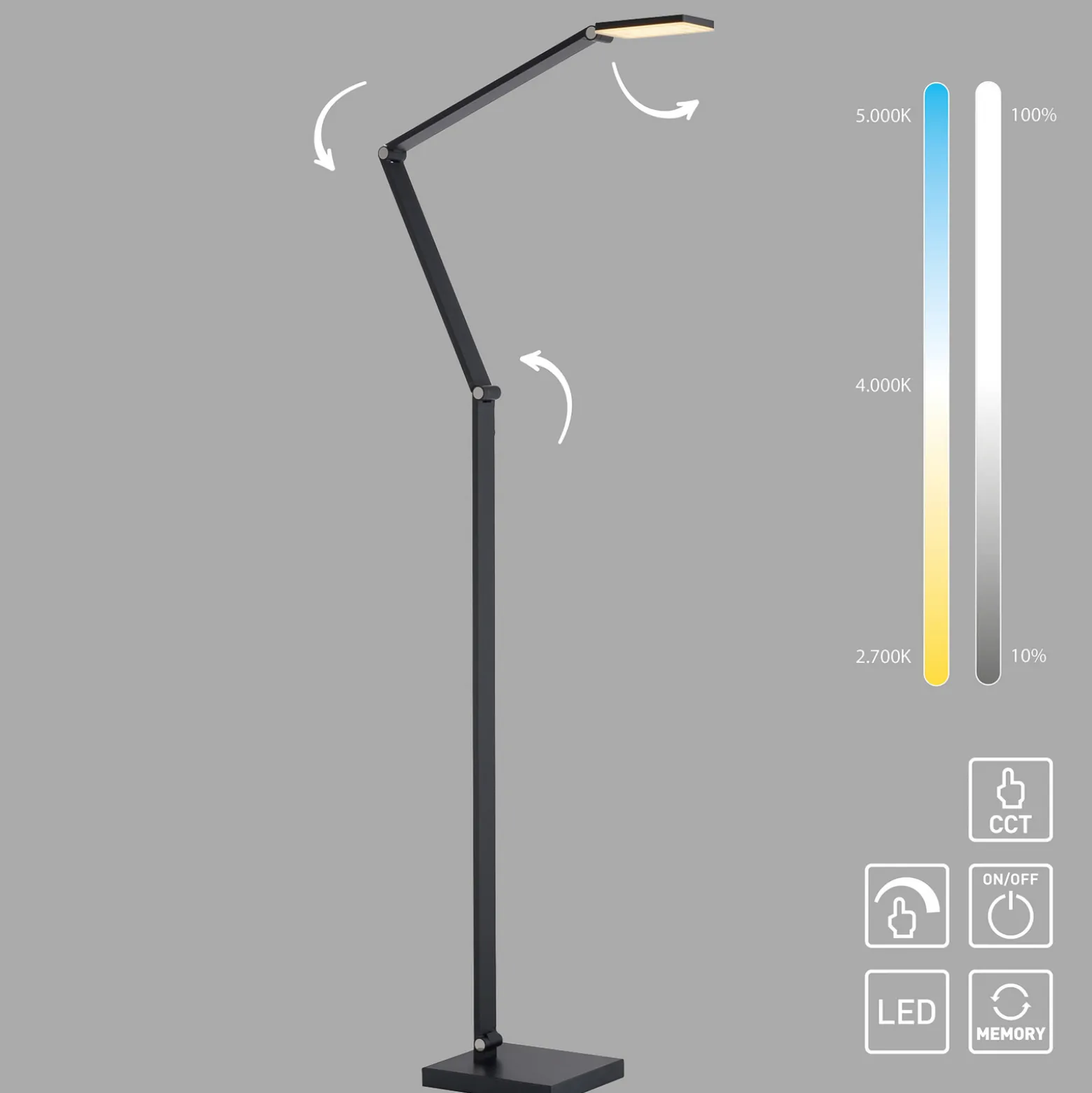 SAMSKY-LED-lattiavalo, harmaa, korkeus 161 cm, metallia, kosketushimmennin