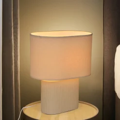 Santorini-pöytälamppu, norsunluu/beige, 38 cm, pellava/keramiikka
