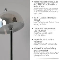 Schöner Wohnen LED-akkukäyttöinen lattiavalaisin Bellis kromi, IP54 3 000 K