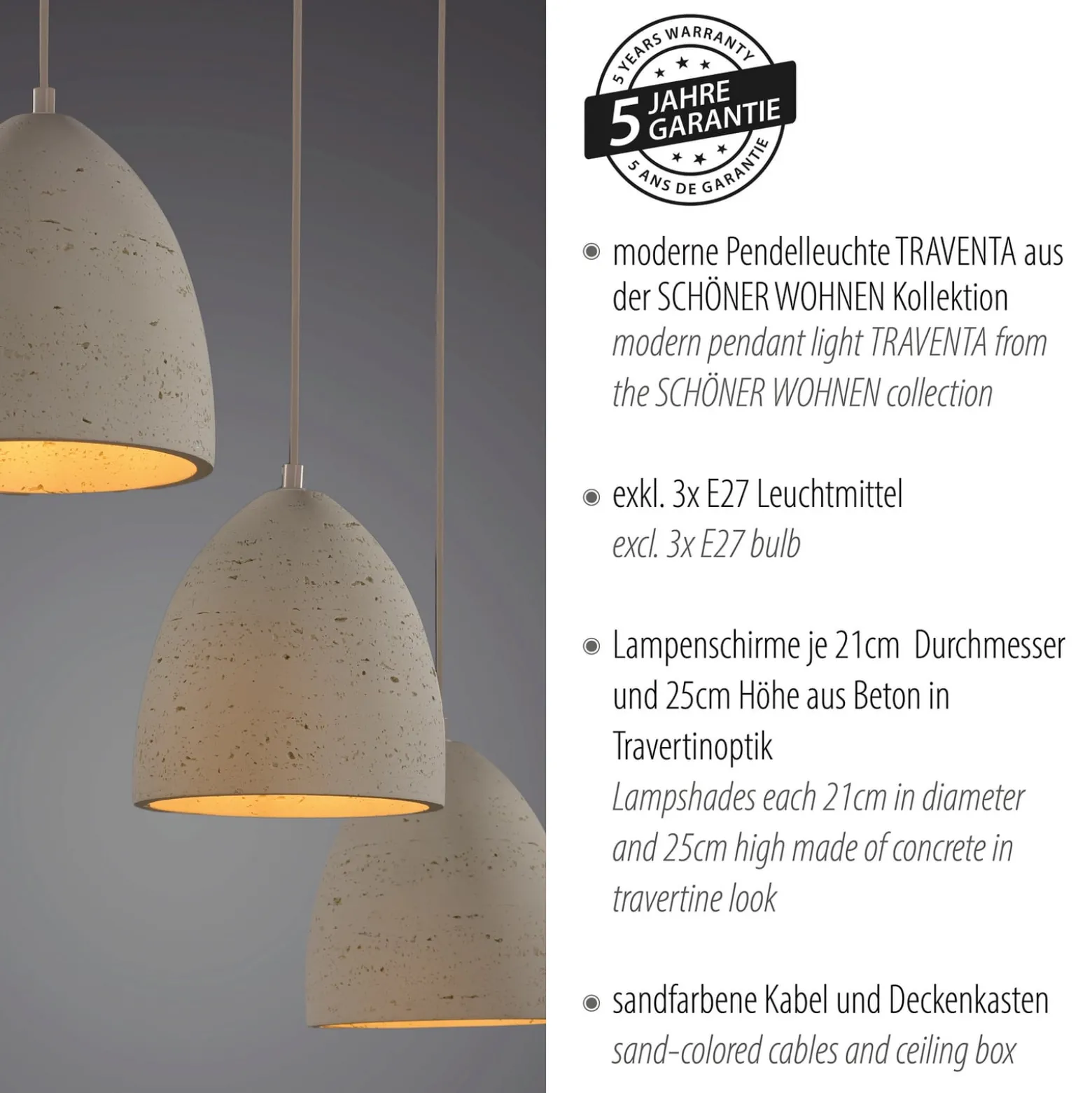 Schöner Wohnen Traventa-riippuvalo, 3-lamppuinen, beige, E27