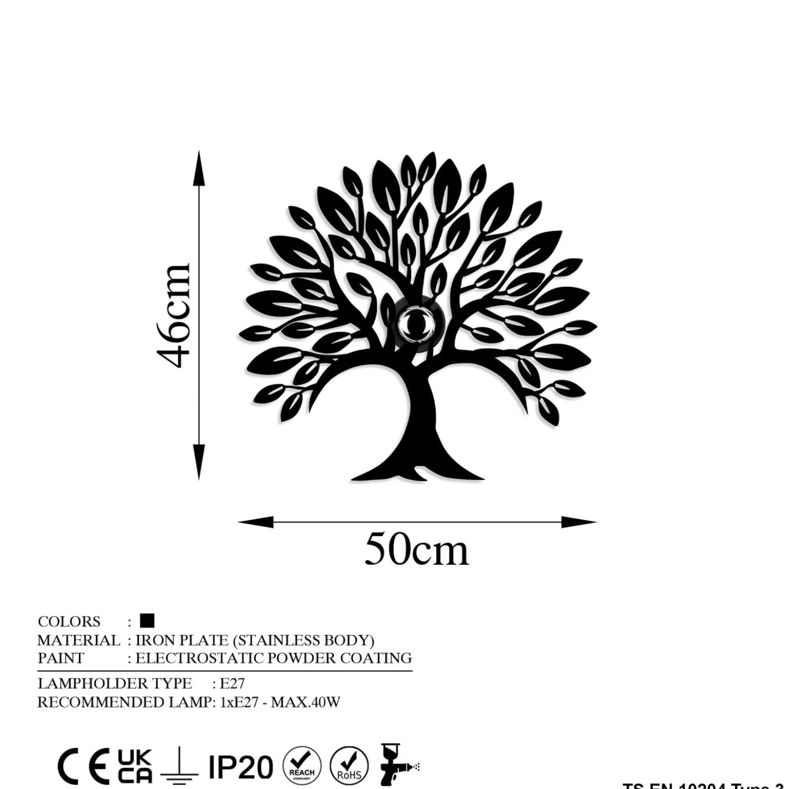 Seinälamppu Heart Tree V2, musta, metalli, pistoke, kytkin