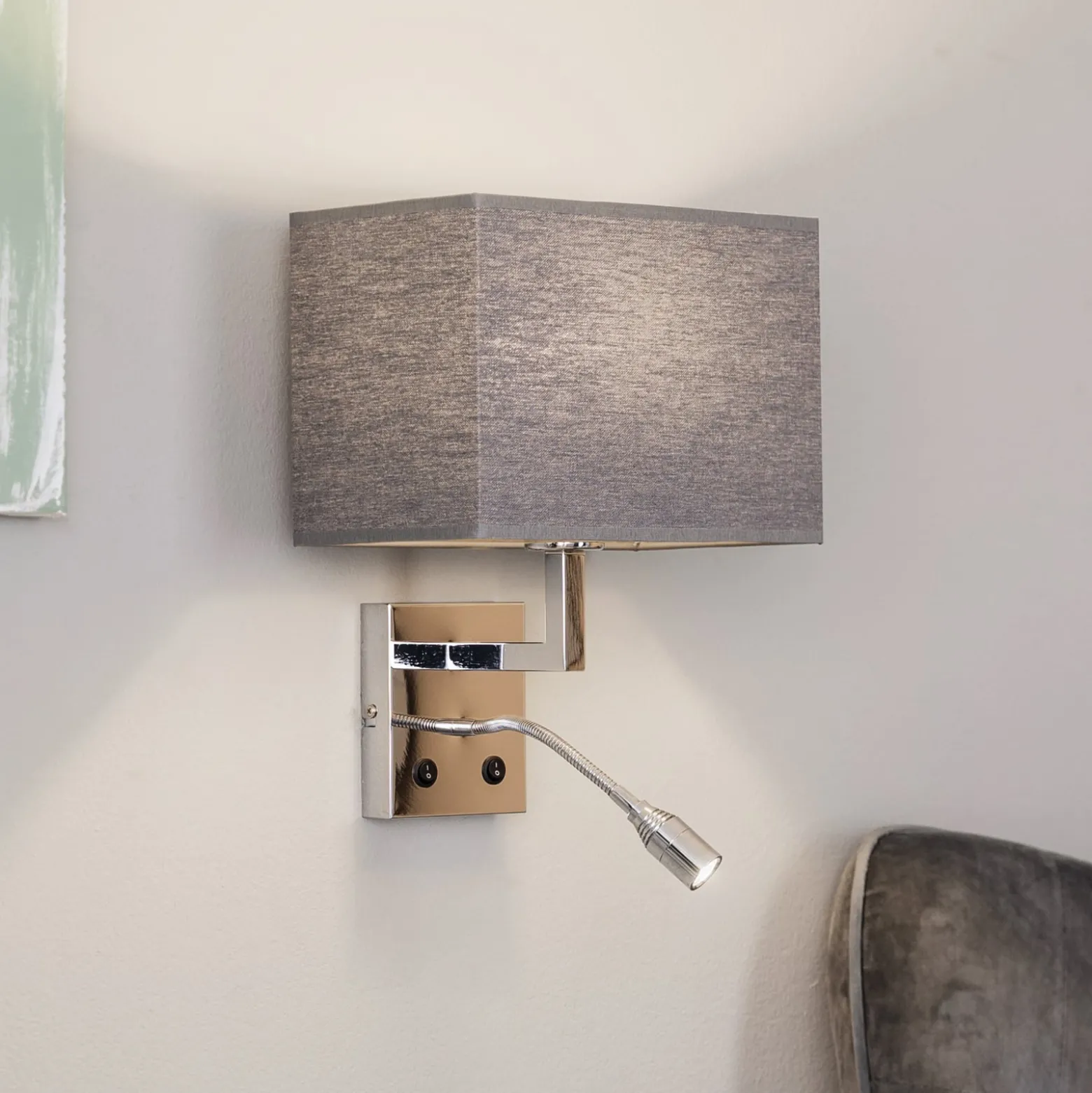 Seinälamppu Hotel, joustava varsi ja tekstiilivarjostin, harmaa