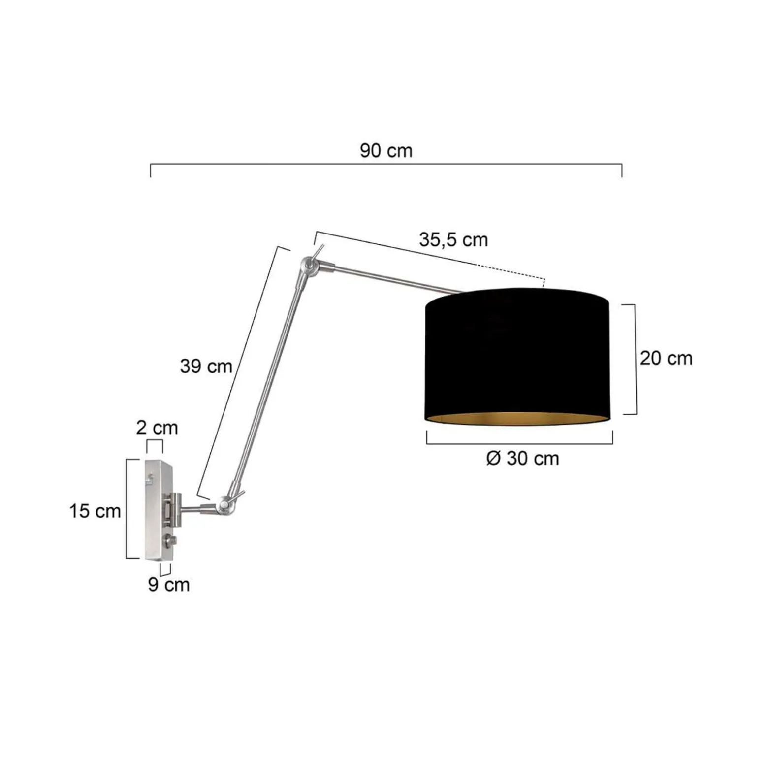 Seinälamppu Prestige Chic teräs/musta-kulta, ulkonema 90 cm