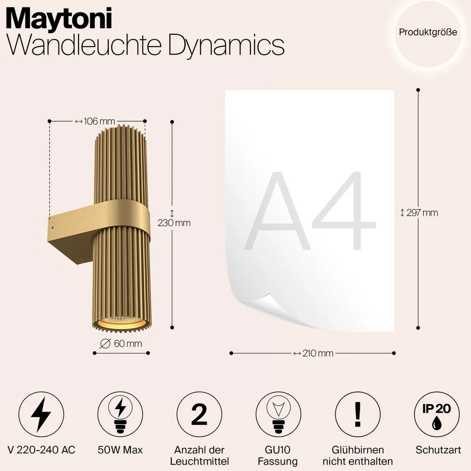Seinävalaisin DYNAMICS, kullanvärinen, korkeus 23 cm, metalli ylös/alas