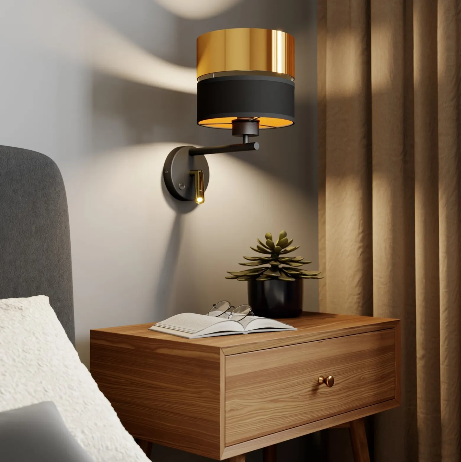 Seinävalaisin Hilton musta/kulta LED-lukuvalolla