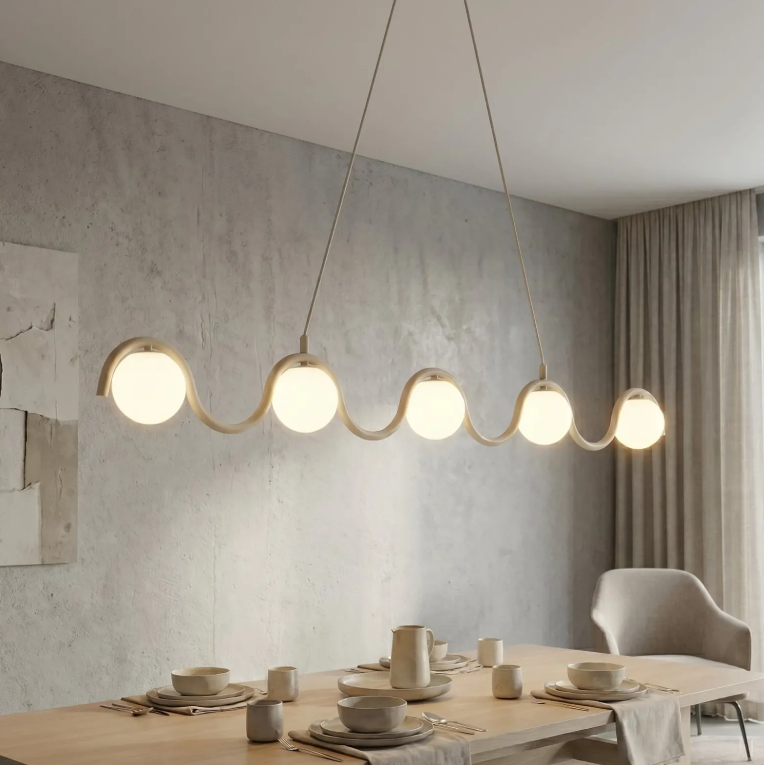 SINUS-riippuvalaisin, beige, pituus 110 cm, 5-lamppuinen, metalli/lasi