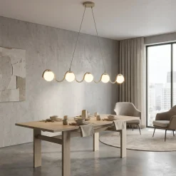 SINUS-riippuvalaisin, beige, pituus 110 cm, 5-lamppuinen, metalli/lasi
