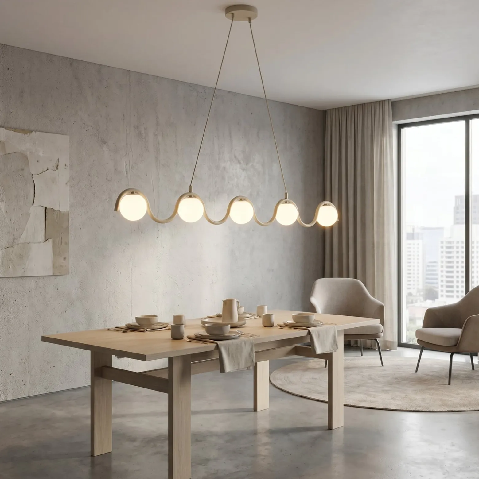 SINUS-riippuvalaisin, beige, pituus 110 cm, 5-lamppuinen, metalli/lasi
