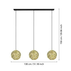Skoura-riippuvalo, messinkivärinen, pituus 130 cm, 3-lamppuinen teräs