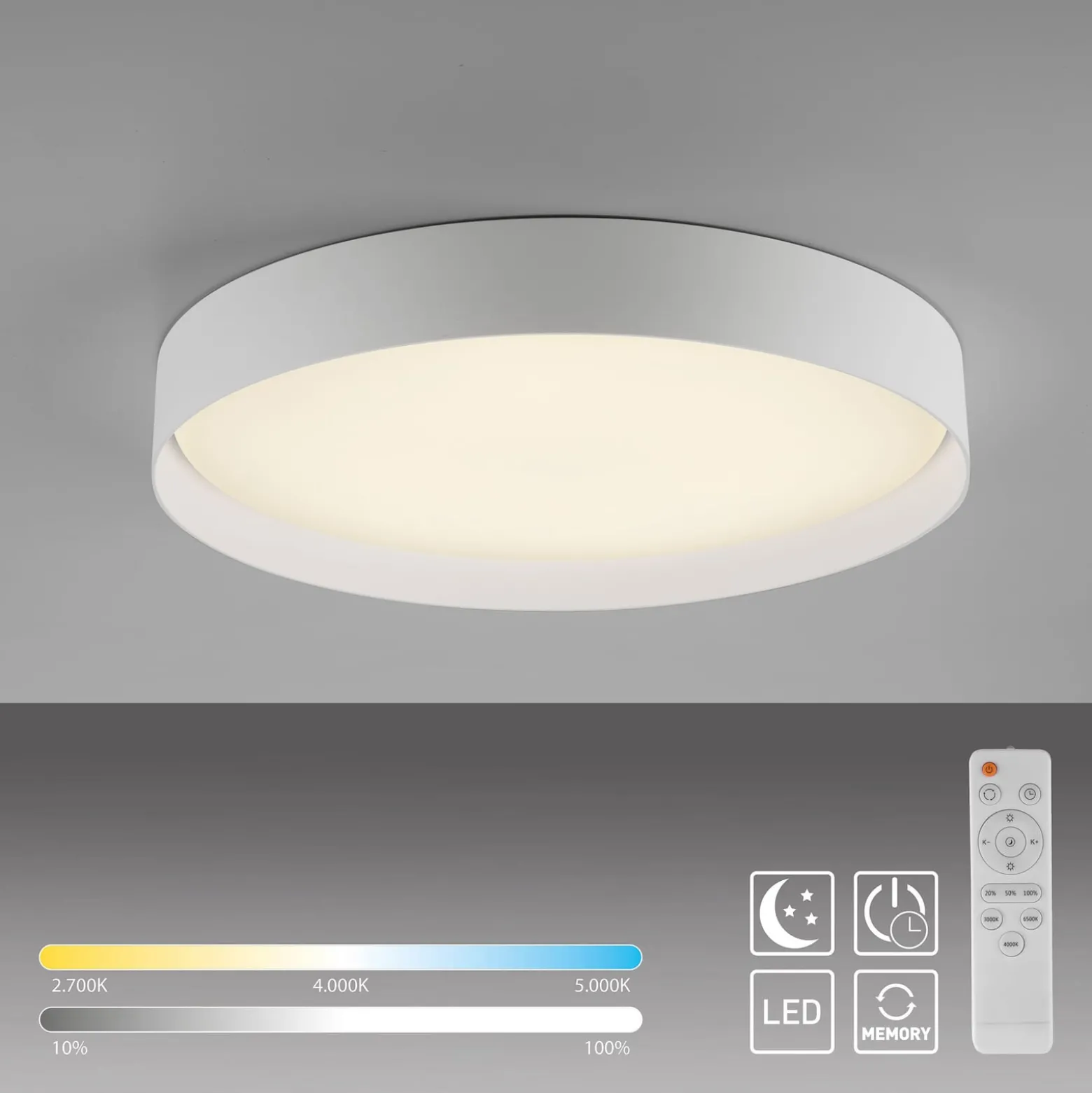 TAVOLI-LED-kattovalaisin, valkoinen, Ø 49 cm, metalli, CCT, himmennettävä