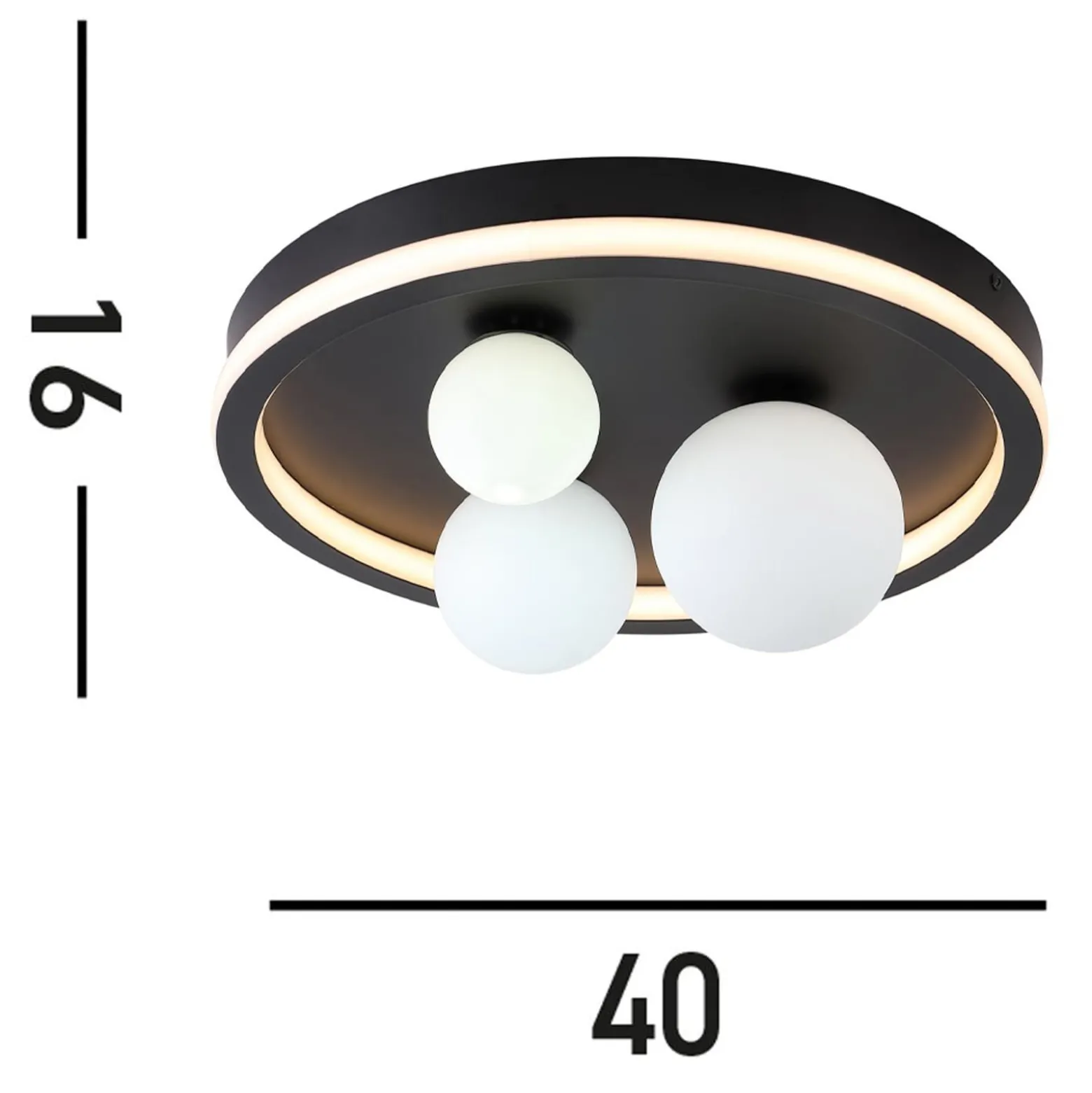 Trident LED-kattovalaisin, musta, Ø 40 cm, teräs/opal lasi