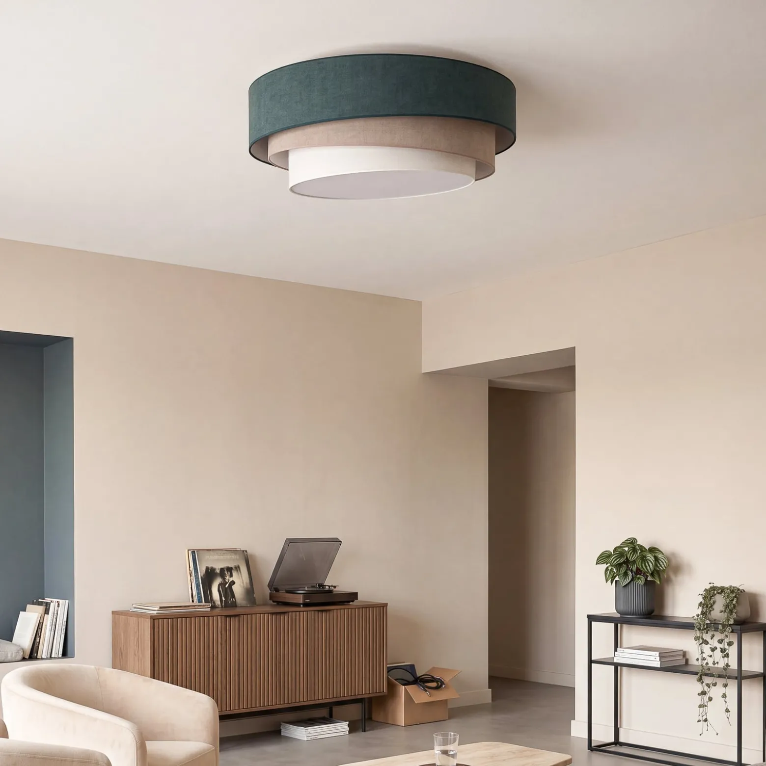 Trio-kattovalaisin, vihreä/beige, Ø 60 cm, tekstiili, E27